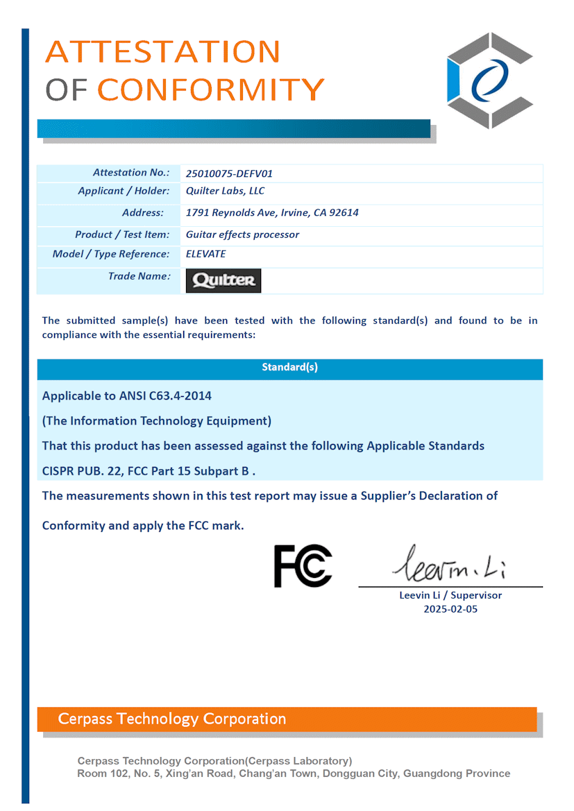Elevate FCC Certificate of Conformity